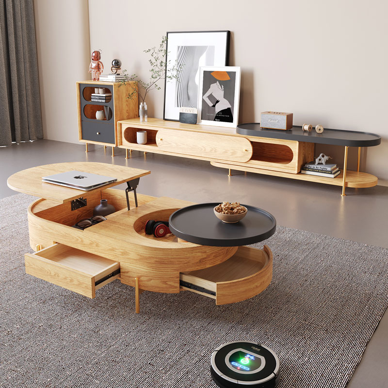 Modern simple log color small apartment light luxury retractable lifting solid wood living room tea table TV cabinet side cabinet combination