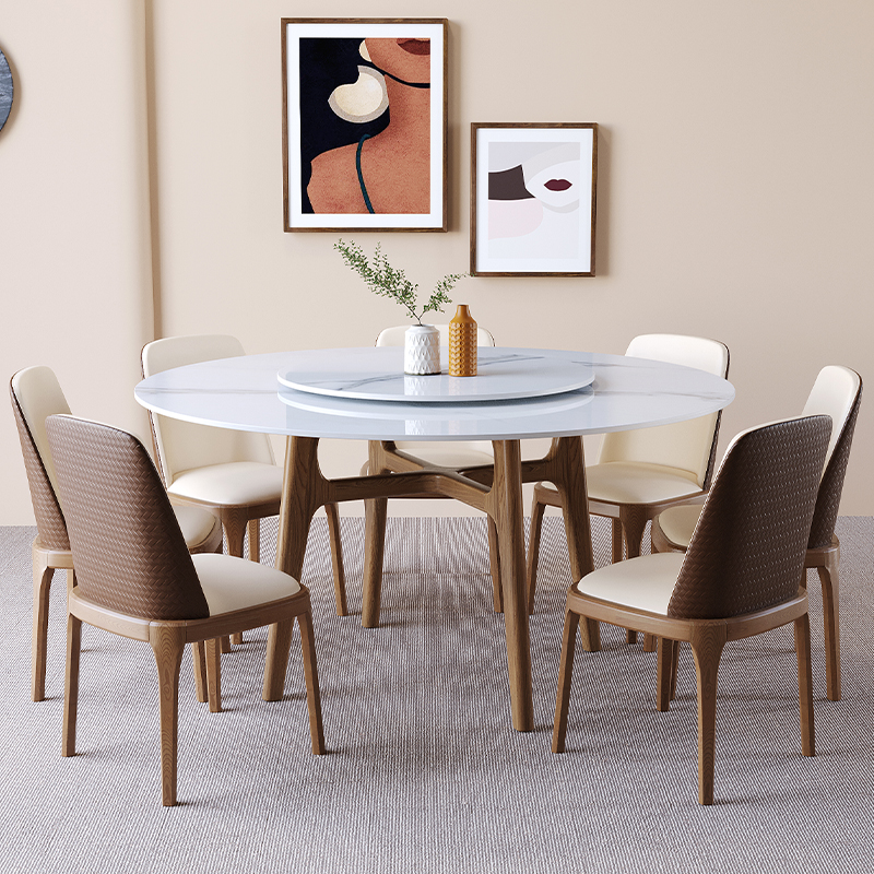 Modern light luxury solid wood slate dining table home ash wood round dining table with turntable small apartment dining table and chair combination