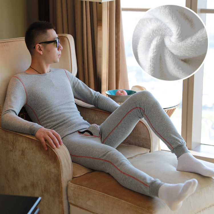 Men's warm underwear thickened plus fleece youth winter stretch cotton slim neck autumn pants set