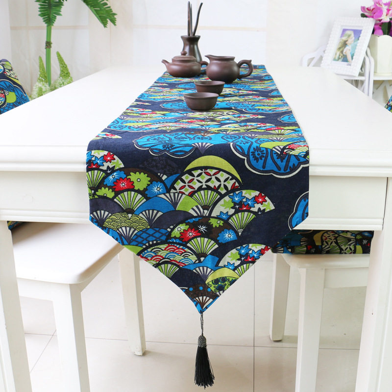 Japanese style and fan-shaped cotton and linen tassel table flag printing double-layer dining table tea table bucket cabinet cover cloth inn tea house decoration