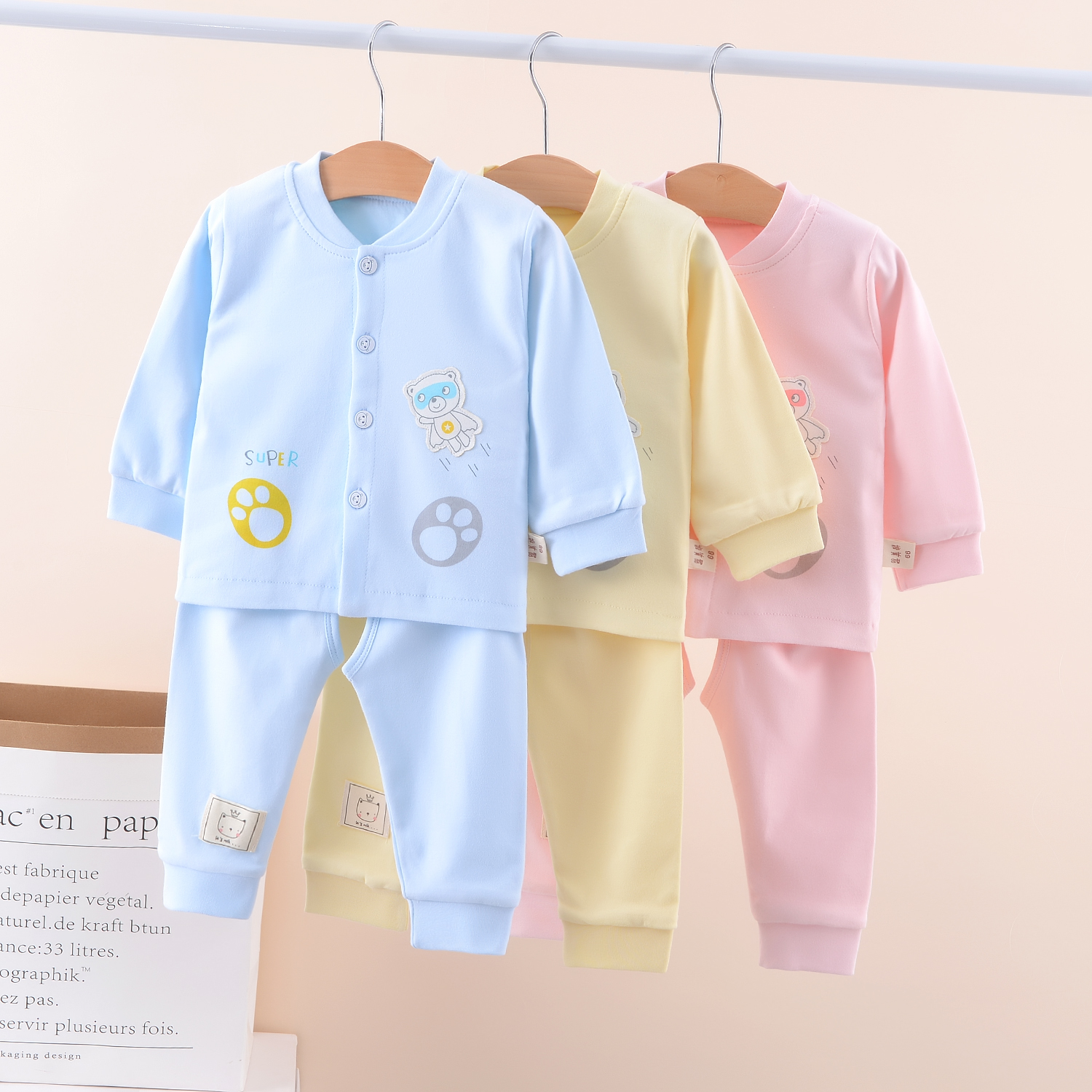 Baby Maggie baby thickened autumn clothes sanitary pants suit cotton boneless two-piece open file baby double layer autumn and winter home clothes