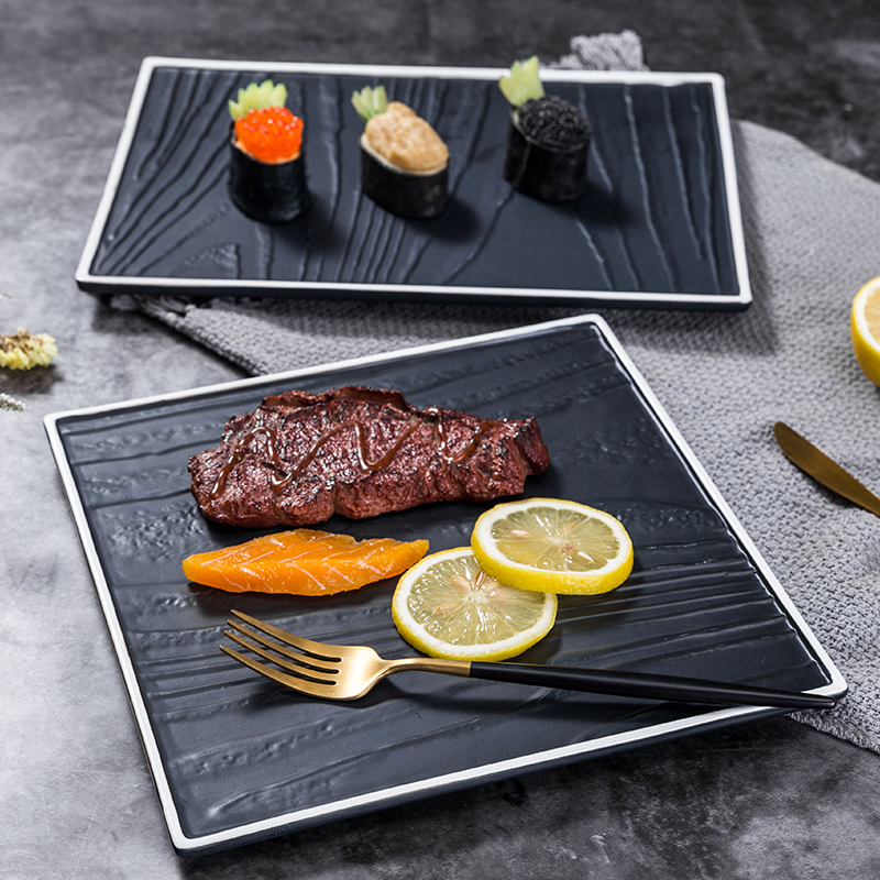 Hotel Dining Room Ceramic Western Dining Tray Steak Tray Black Wood Grain Road Grill Pan Sushi Tray Cake Tray Plate Tray