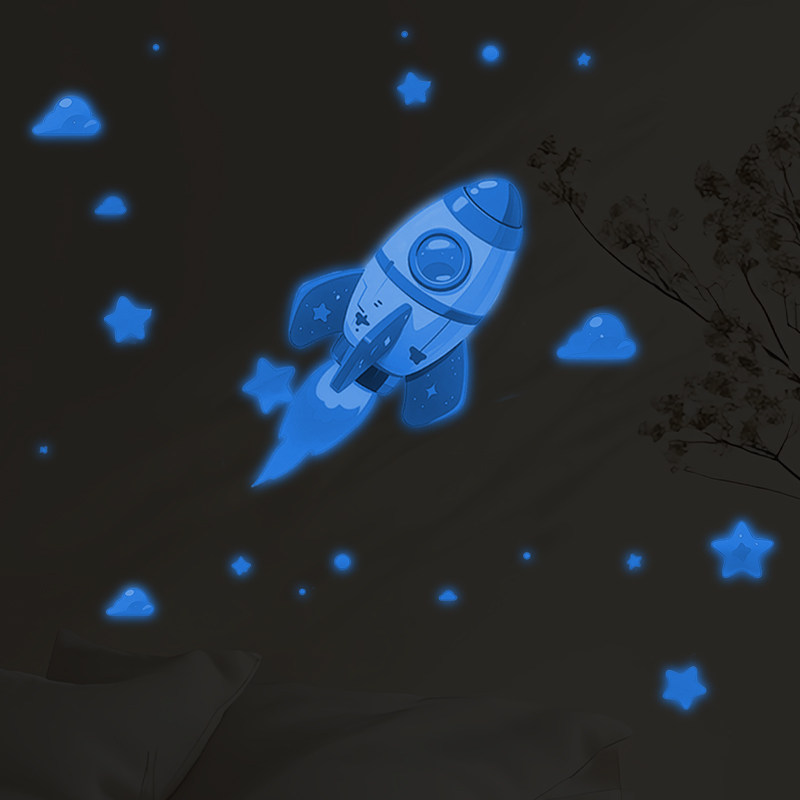 夜光蓝宇宙火箭装饰墙贴 自粘PVC材质 儿童房卧室背景装饰贴