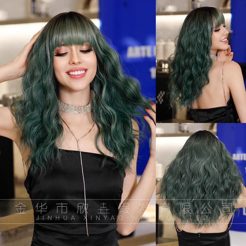 Cosplay Halloween Wig Seaweed Green Wavy Bangs Synthetic Fiber Wig Green Wigs