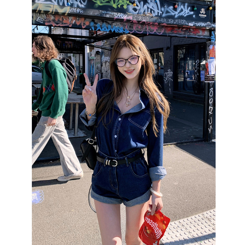American Style Spicy Girl Casual Denim Suit for Women 2026 Spring New Hong Kong Style Retro Shirt High-Waisted Shorts Two-Piece Set