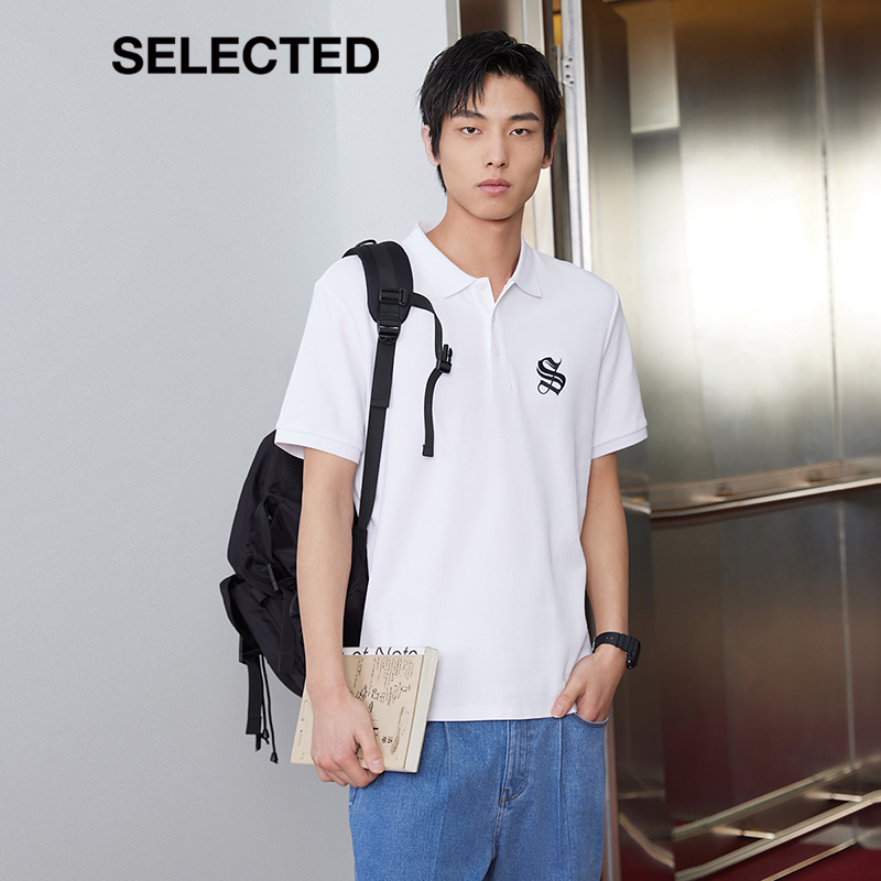 SELECTEDSELECMED spring summer new comfort pure cotton trendy embroidery logo pure colour short sleeve turnover T-shirt male