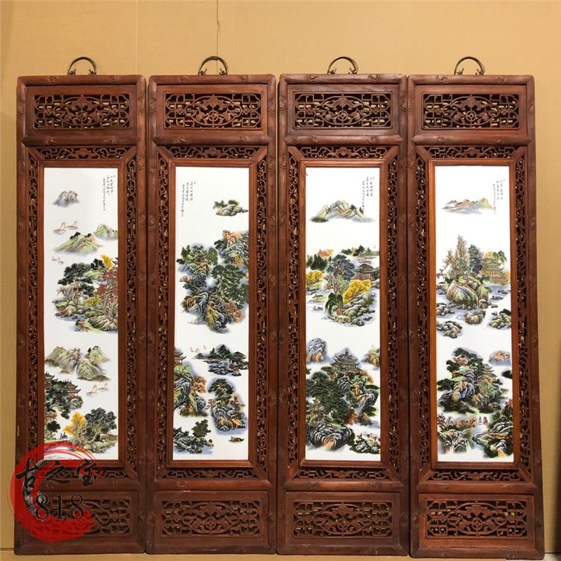 Jingdezhen Four-screen hung painting Porcelain Plate Painting Solid Wood Frame Bedroom Decoration Painting Antique Middle Hall Painting Fresco Mountain Light Watercolor