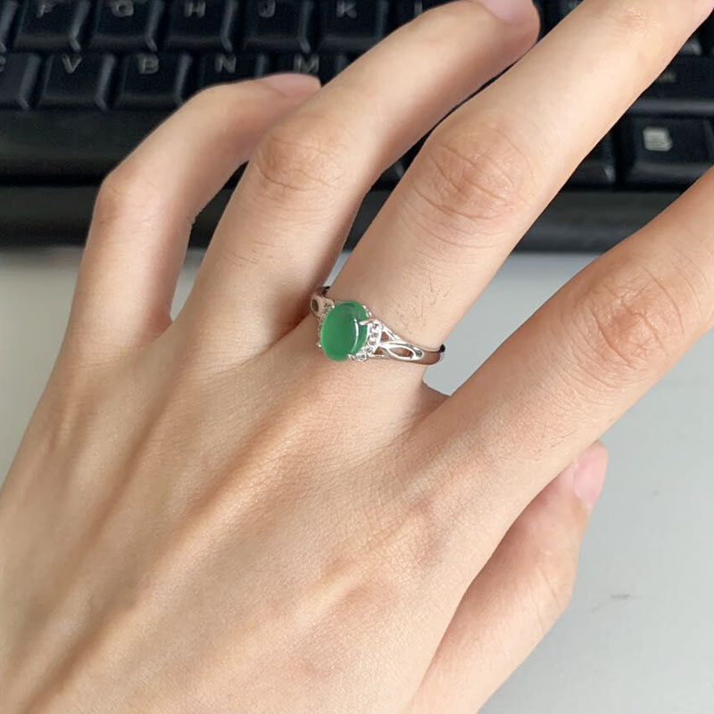 Platinum Ring Women's pt950 White Gold Inlaid Jade Ring A Goods Green Jade Send Wife To Mom Live Mouth
