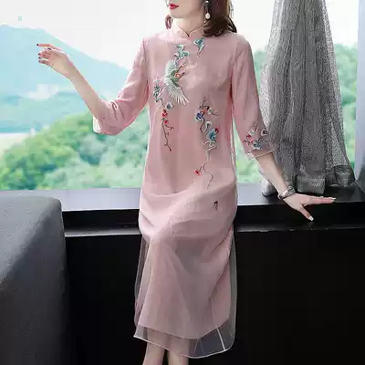 Tang dress modified female fashion retro Chinese style long version of daily life dress young large size cheongsam dress