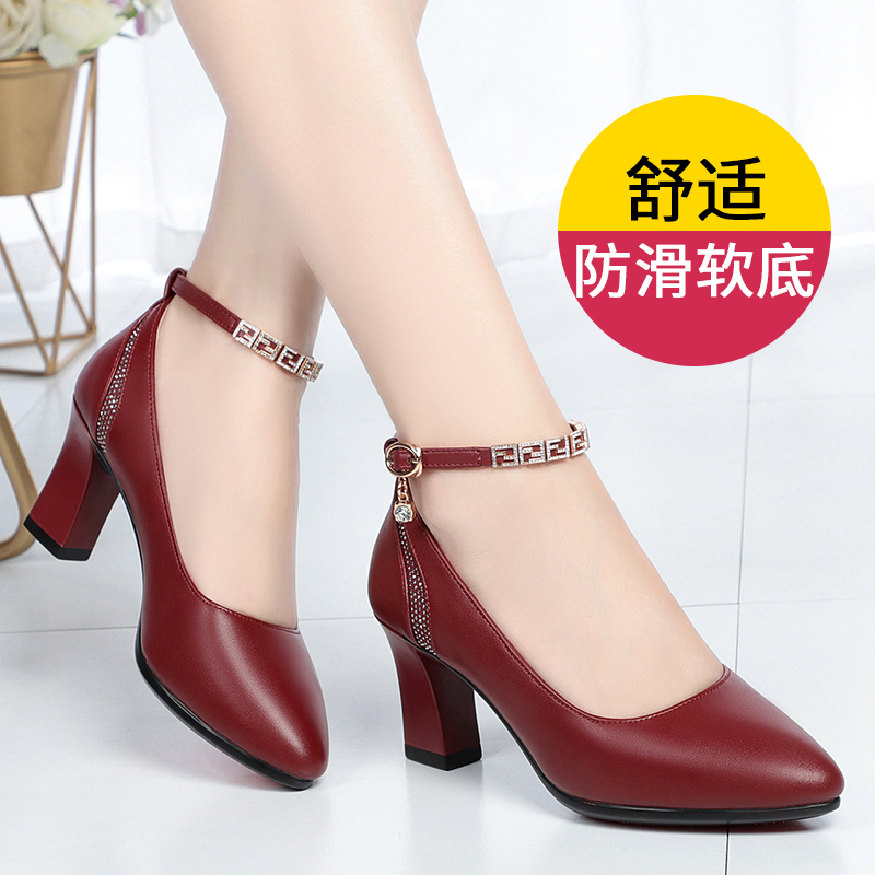 Mom's Shoes, Middle-Aged Women's Single Shoes, Mid-Heel, High-Heel, Genuine Leather, Comfortable, 2025 Spring New Style, Single Strap Buckle, Red Leather Shoes