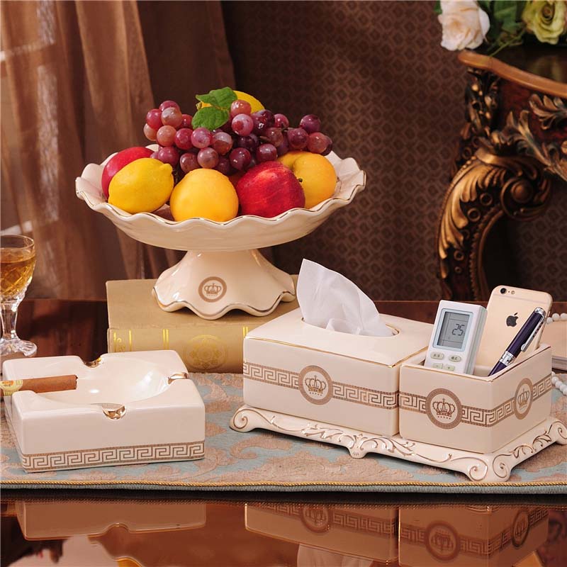 European-style ceramic fruit plate living room luxury tissue box three-piece set modern creative home coffee table decoration set