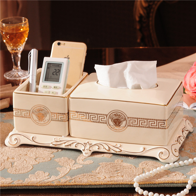 European light luxury ceramic tissue box Toilet paper box with multi-function remote control storage box Living room coffee table ornaments