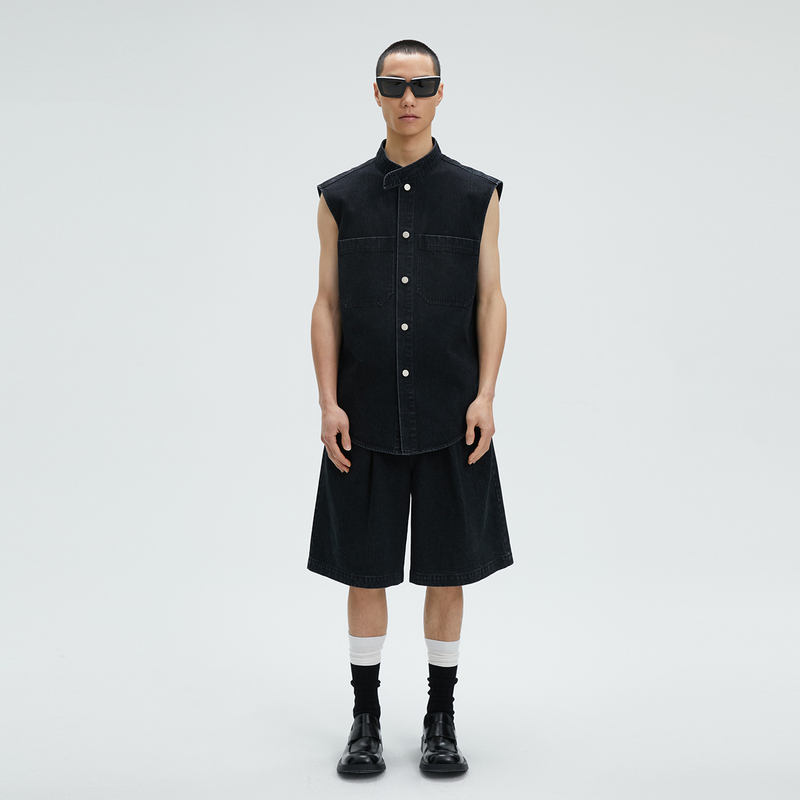 Dlyang Washed Denim Loose Fit Stand Collar Sleeveless Shirt
