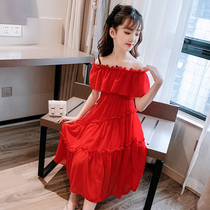 Girls Summer Long Dress Childrens one-shoulder dress Big Child Summer Princess dress Solid color suspender dress super fairy