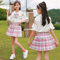 Girls jk uniform Childrens summer shirt Plaid skirt Full set of genuine primary school students Japanese short-sleeved pleated skirt 12 years old