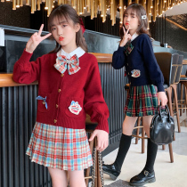 Net Red Girl autumn dress Middle School style suit children jk uniform skirt genuine cardigan sweater three-piece set
