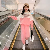 Girls  autumn suit 2021 new Korean version of the childrens middle and large children hooded sweater leisure sports two-piece set foreign style