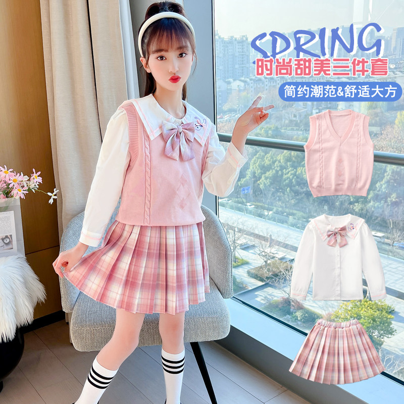 Girls spring and autumn dress 2022 autumn primary school students college style children's jk sweater vest skirt three-piece suit