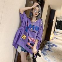 T-shirt womens purple summer womens 2021 new European station heavy industry hot diamond waist large edition printed half-sleeve top tide