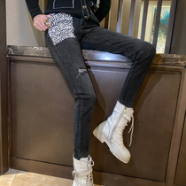 Breaking hole jeans women 2021 Autumn New European station heavy industry nail beads straight tube high waist loose slim pants