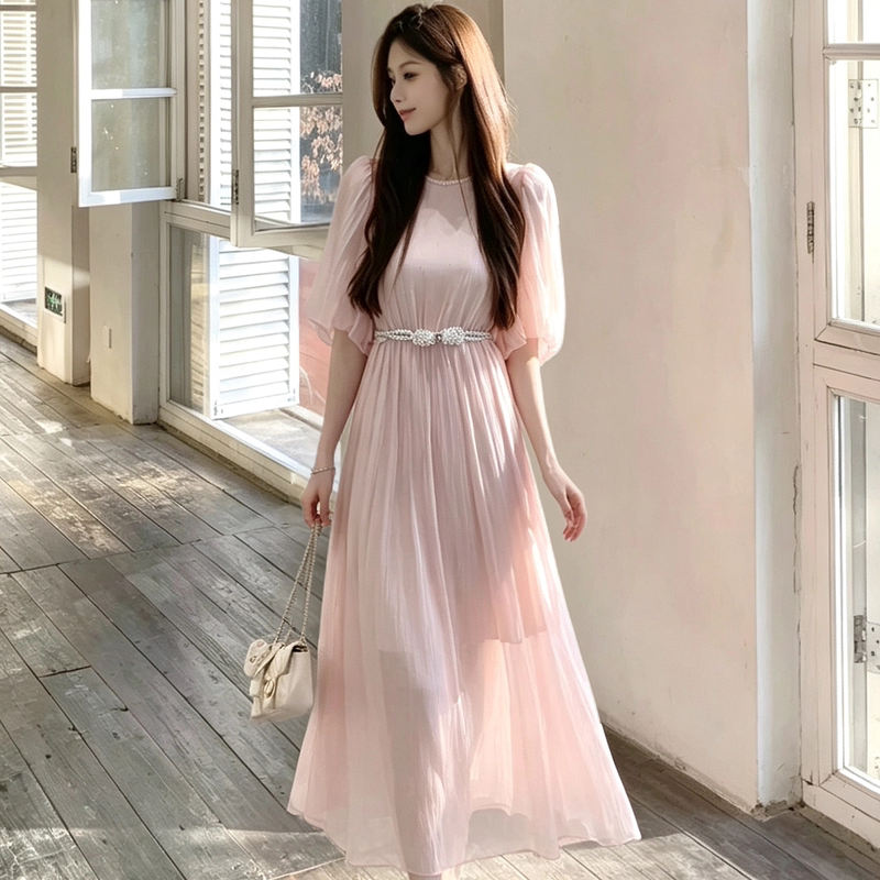 Same Style as in the Mall, French Puff Sleeve Rhinestone Dress for Women, 2026 Summer New Model, Light Pink Mesh Fairy Dress Same Style as in the Mall, French Puff Sleeve Rhinestone Dress for Women, 2026 Summer New Model, Light Pink Mesh Fairy Dress