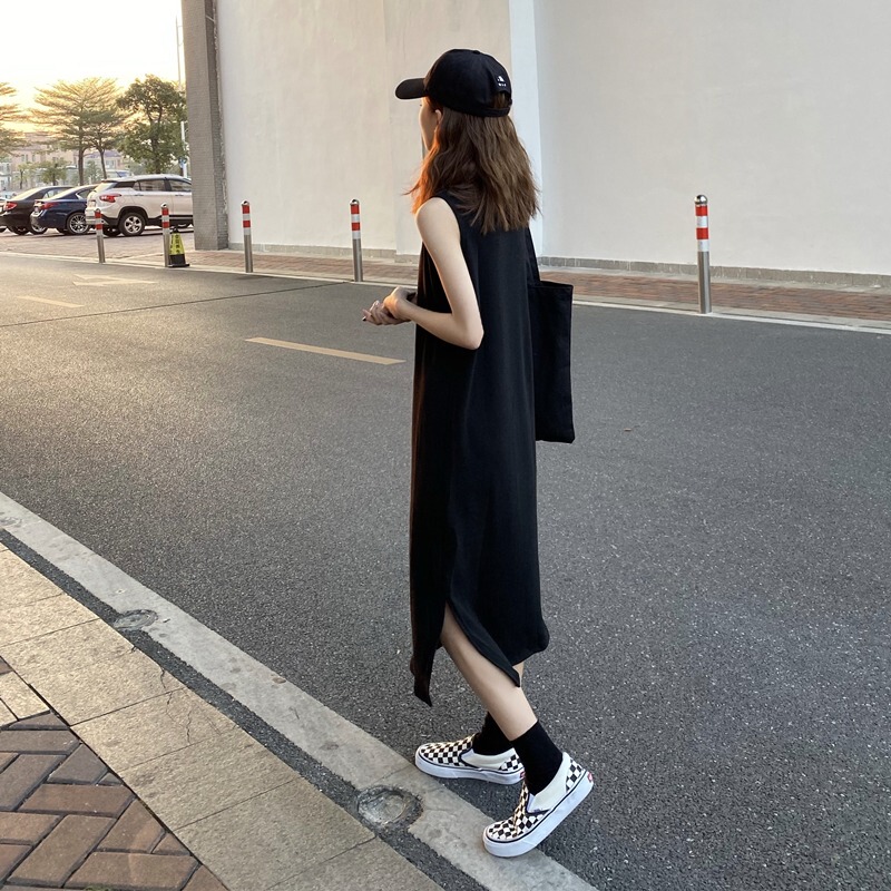 Spring and Summer Korean Style 2025 New Stand-Up Collar Sleeveless Dress with Slit for Women, Trendy Tank Dress