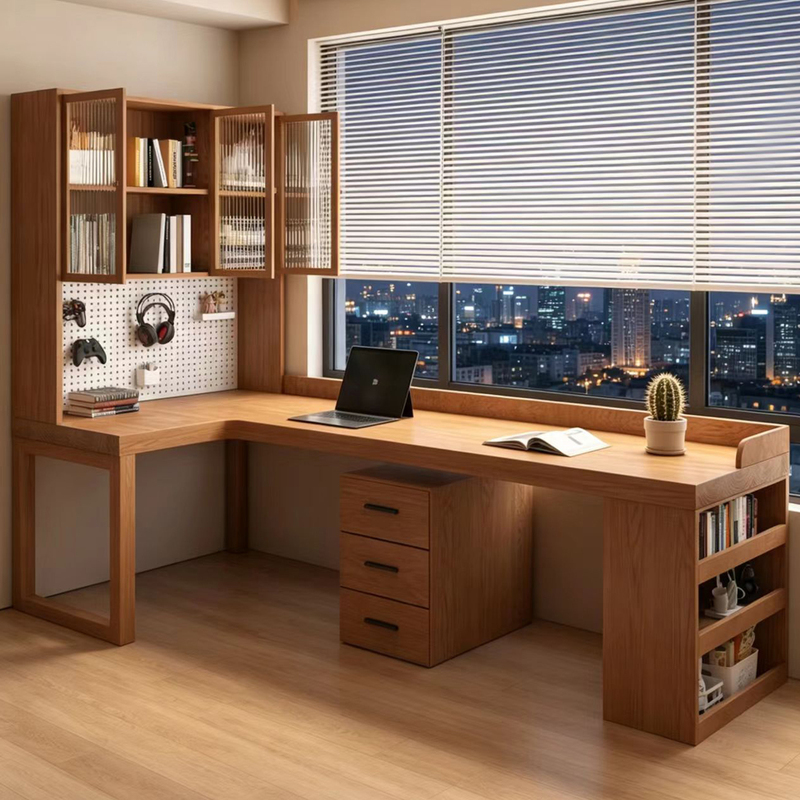 Glass Cabinet Door, All Solid Wood Corner Desk, Bookcase, Bedroom Home Computer Desk, L-Shaped Office Desk, Study Workbench
