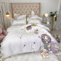 Girl heart princess style silk embroidery four-piece set Cotton pure cotton sheet duvet cover Cartoon bedding net red section