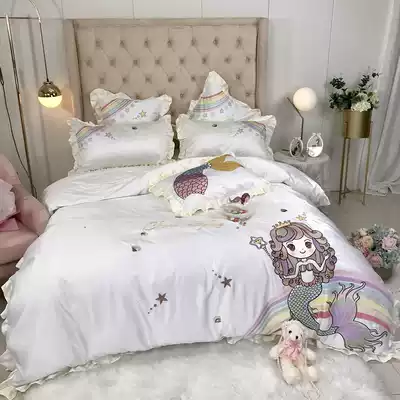 Girl heart princess style silk embroidery four-piece cotton cotton sheets quilt cover cartoon bedding Net Red