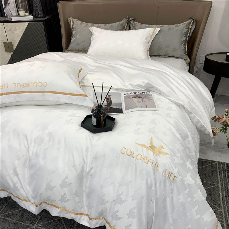 Silky nude sleeping double-sided ice silk four-piece set silk embroidered jacquard quilt cover summer Tencel bedding