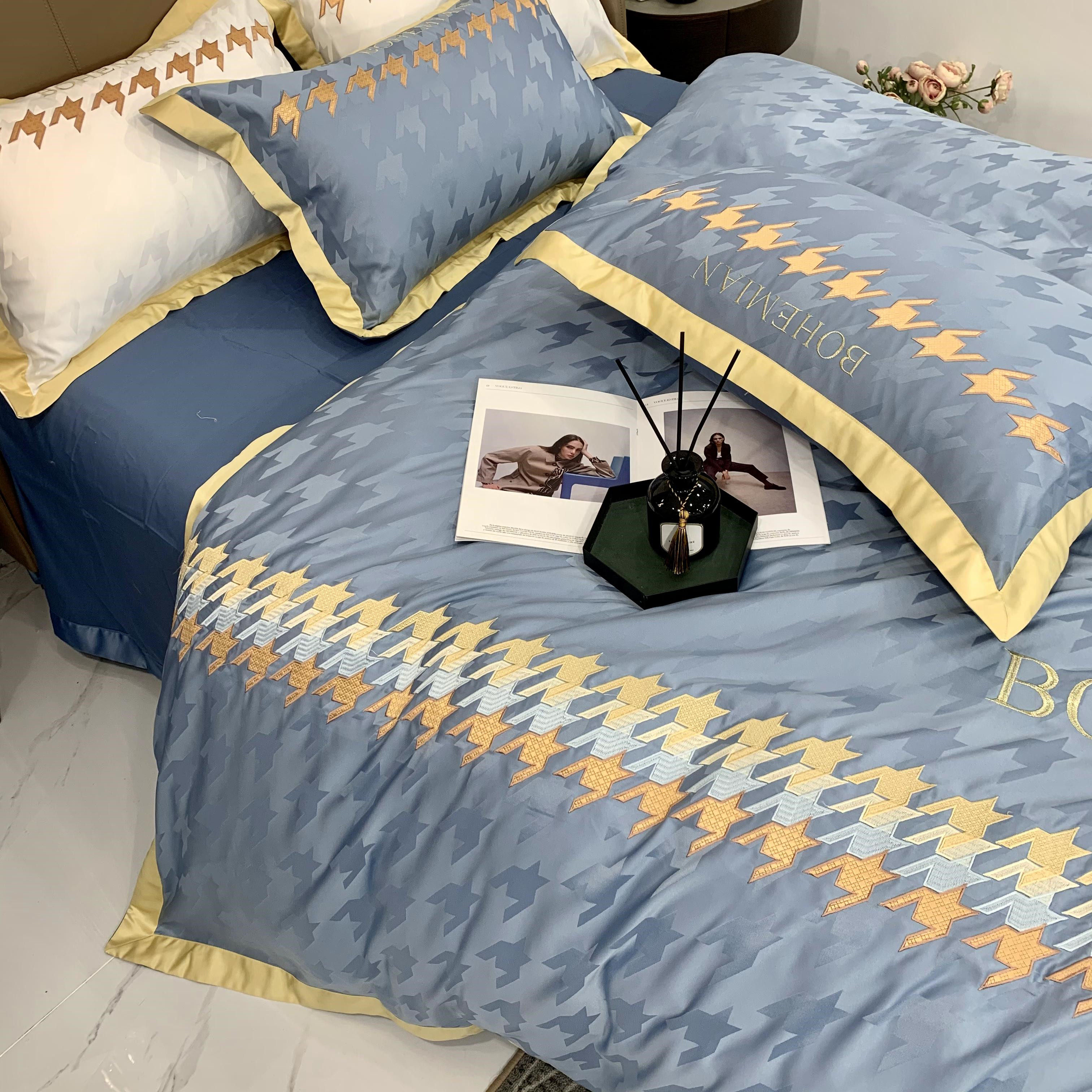 Nordic Winegun Satin Jacquard All Cotton Four Sets Light Lavish Bird Lattice Embroidered Pure Cotton Quilt Cover Bed for Bedding Bedstyle