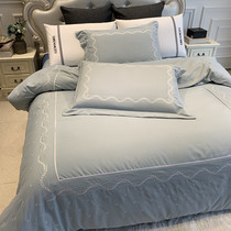 Nordic simple bed sheet four-piece set Cotton pure cotton European embroidery quilt cover Washed cotton summer bedding Fitted sheet