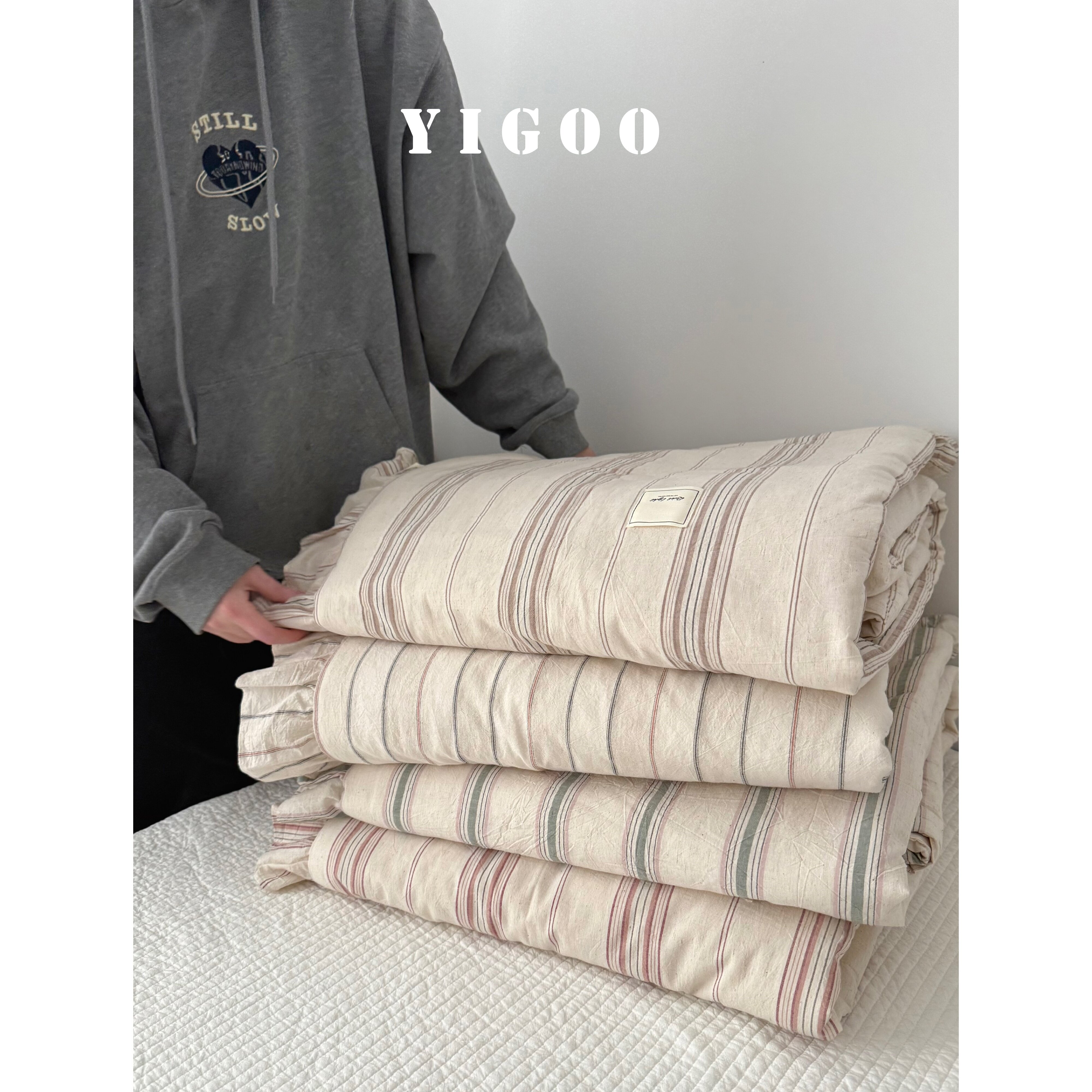 Простое летнее одеяло из хлопка и льна с оборками и винтажными полосками, тонкое цельное одеяло для кондиционера, дышащее, можно стирать в машине