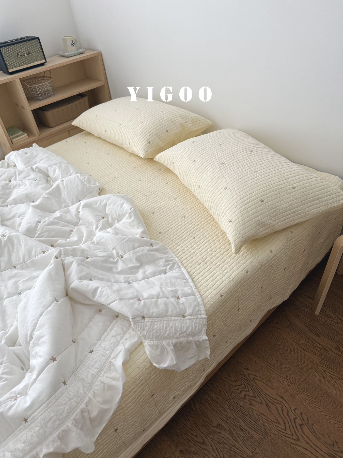 Корейский комплект постельного белья с вышивкой звездочек из хлопка три предмета с утолщенной простыней и всесезонным одеялом