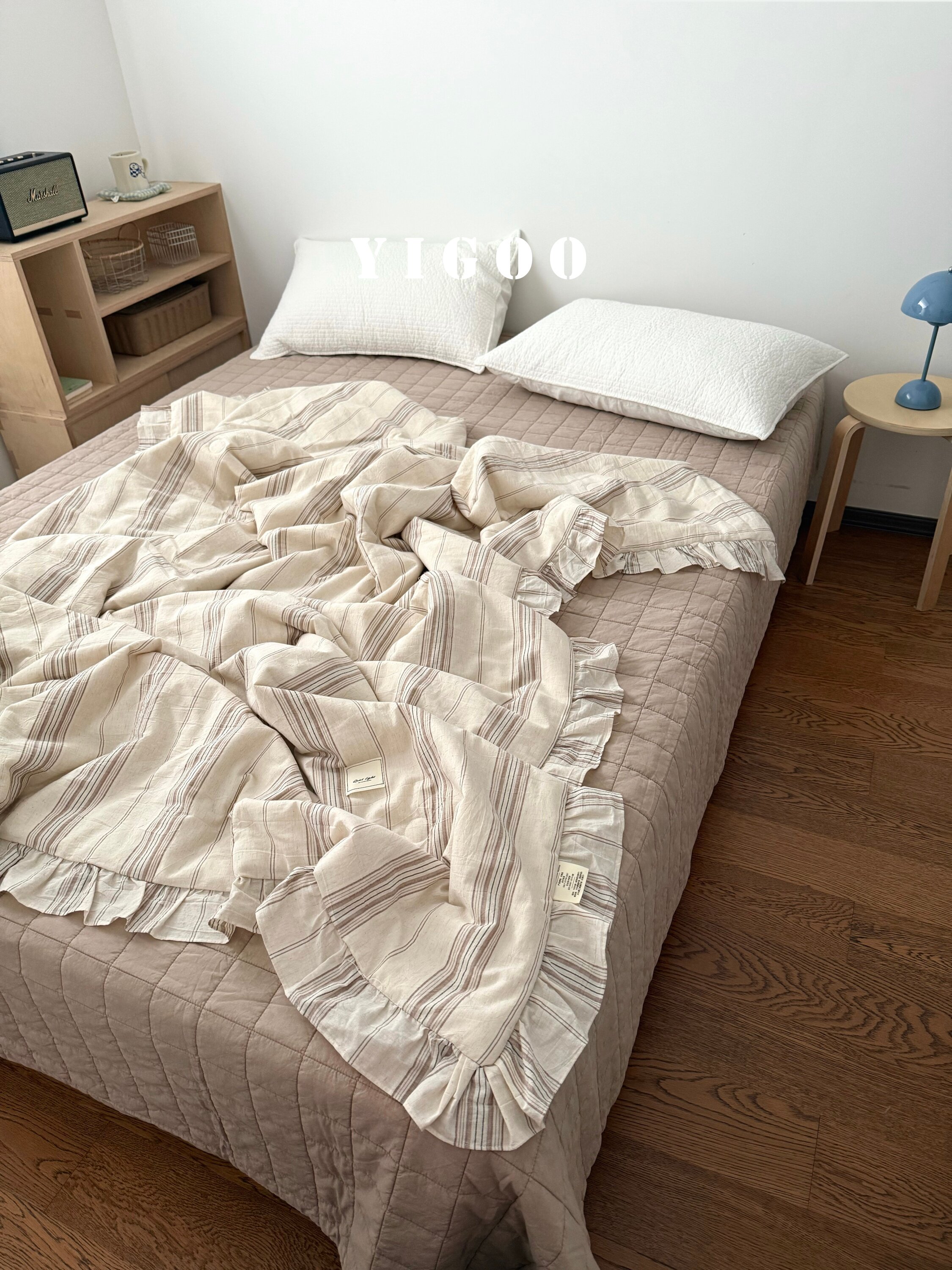 Простое летнее одеяло из хлопка и льна с оборками и винтажными полосками, тонкое цельное одеяло для кондиционера, дышащее, можно стирать в машине