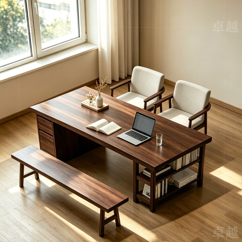 High-End South American Walnut Wood Living Room Large Long Desk with Integrated Double-Layer Drawer Table for Home Office Writing and Working