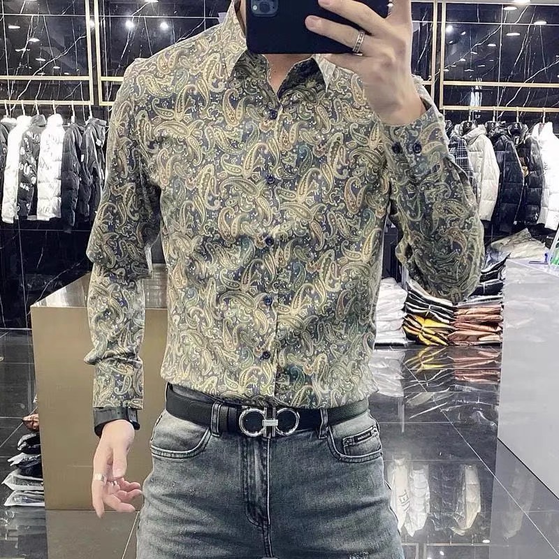 2024 New European Style Men's Fashion Trendy Personalized Printed Shirt Slim Fit Lapel Long Sleeve Floral Shirt for Men
