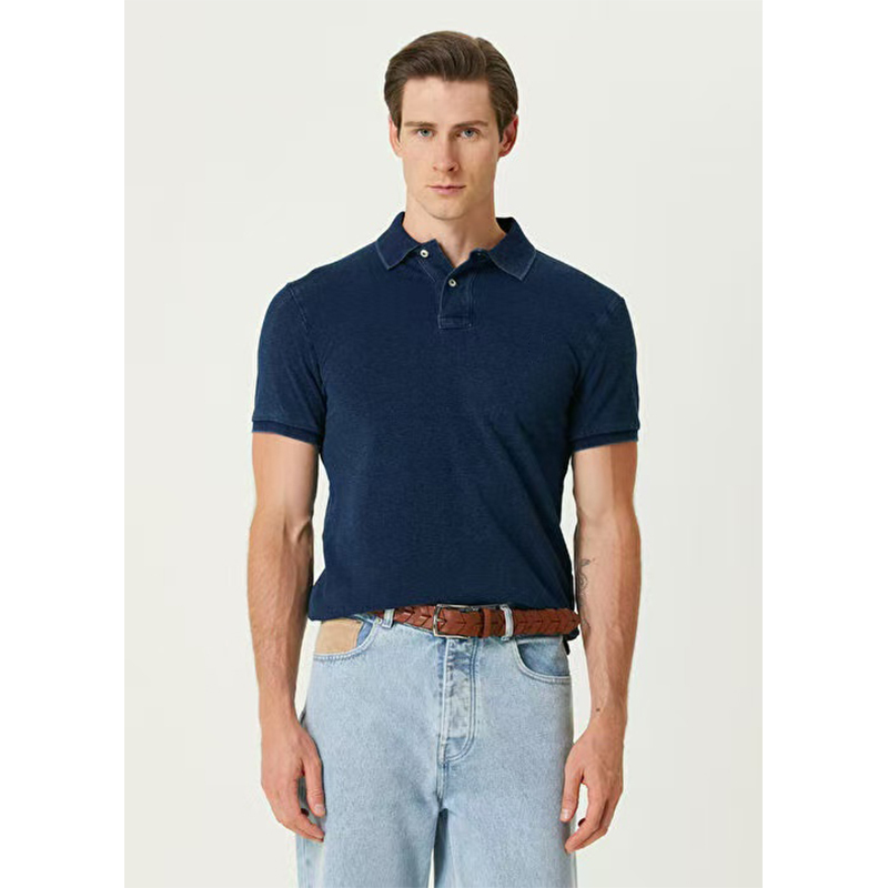 American Classic Indigo Blue-Dyed Classic Embroidered Washed Pique Lapel Polo Short-Sleeved Shirt 25061105