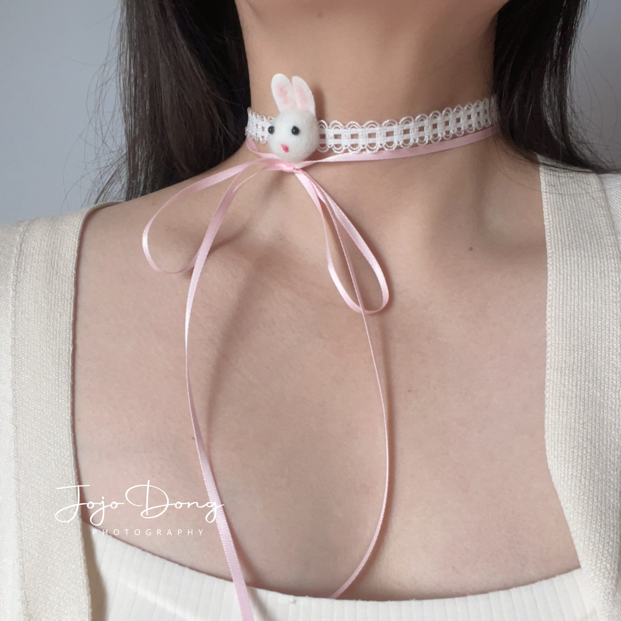 Original cute pink bunny choker, ballet girl style, pure and innocent ribbon bow collarbone chain, sweet girl necklace.