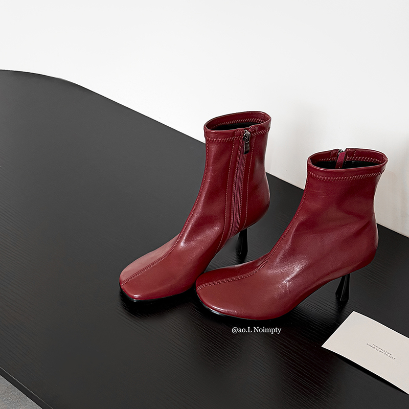 Ao.L LAOSHU French-Style Mango Toe Stiletto Fashion Ankle Boots for Women, New Versatile High-Heeled Elastic Slim Boots