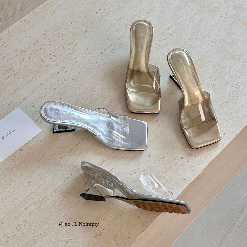 7cm French-Style Summer Wedge Transparent High-Heeled Square-Toe Slip-On Sandals, Minimalist, Versatile, Sexy, Open-Toe, Stunning for Women