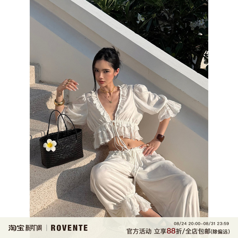 Rovente Southern French White Gardenia White Lyocell Loose Lace Trim Shirt Women's Summer Cardigan Short Top