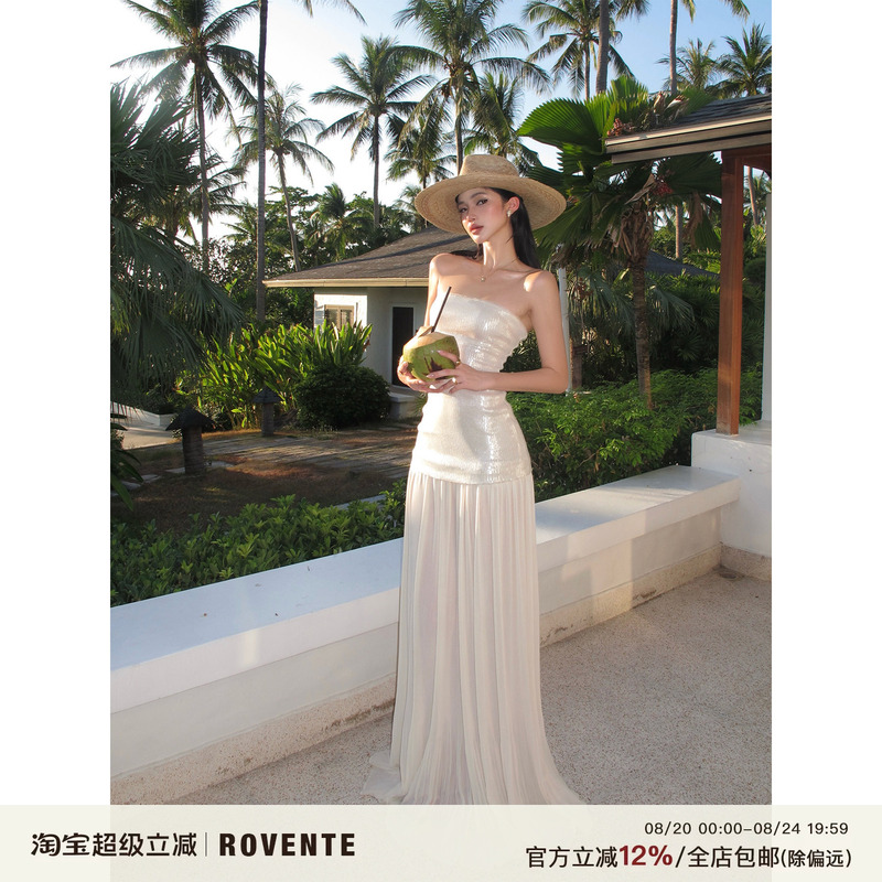 Rovente Seaside Vacation Long Dress, High-End Socialite Gown, Floor-Length Mesh Dress, Strapless Sequin Dress for Women