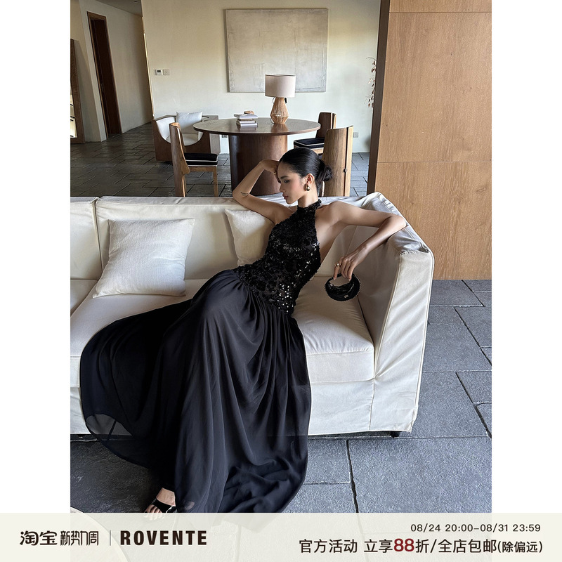Rovente Dark Night Muse Black Sequin Dress Summer High-End Halter Neck Sleeveless Backless Long Dress
