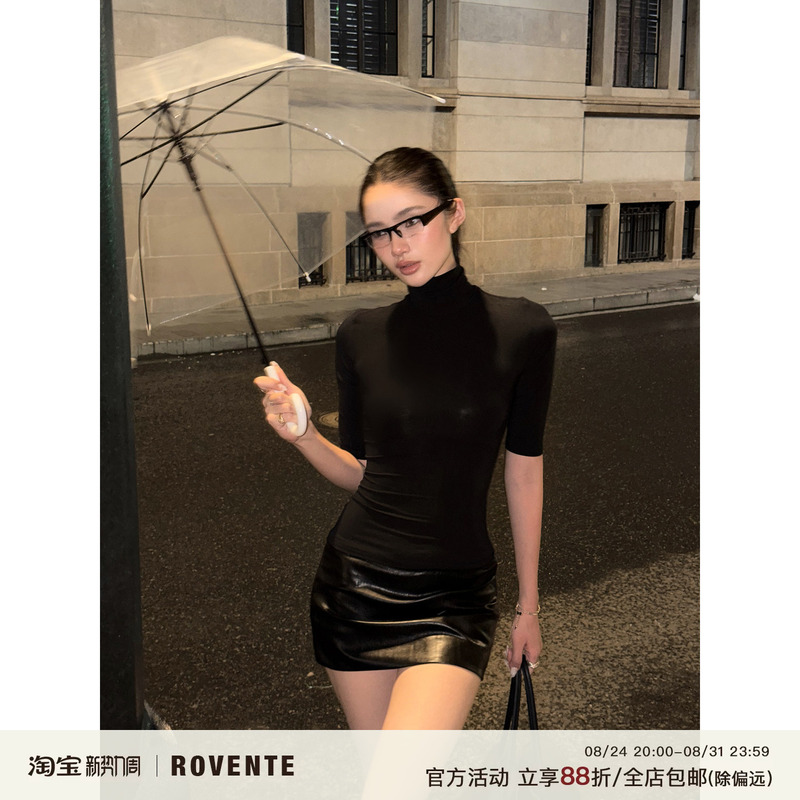 Rovente Urban High-Quality Modal Black Turtleneck Slim-Fit Slimming T-Shirt for Women, Inner Layer, Waist-Cinching, Mid-Sleeve Top