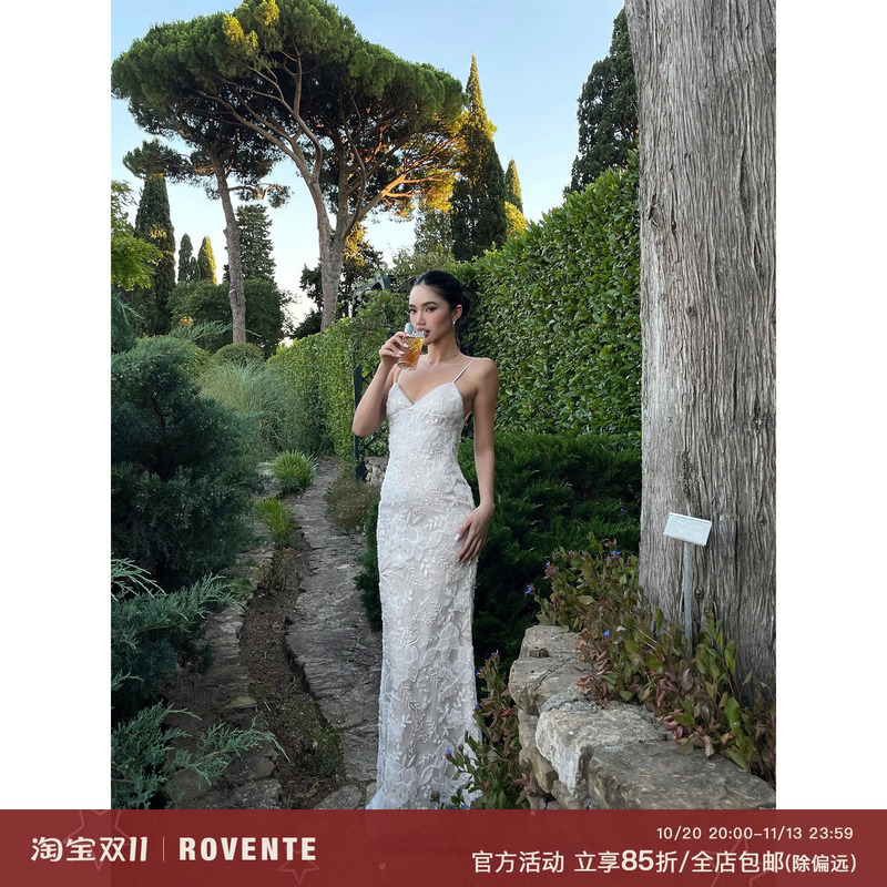 Rovente Les Winery Lace Camisole Dress for Women, Summer High-End Vacation Bodycon Waist-Cinching Backless Long Dress