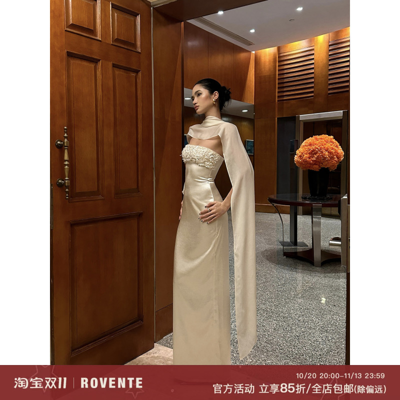 Rovente Flowing Feast White Strapless Dress Women's Slim Fit Shawl Sequin Celebrity Gown Long Dress Rovente Flowing Feast White Strapless Dress Women's Slim Fit Shawl Sequin Celebrity Gown Long Dress