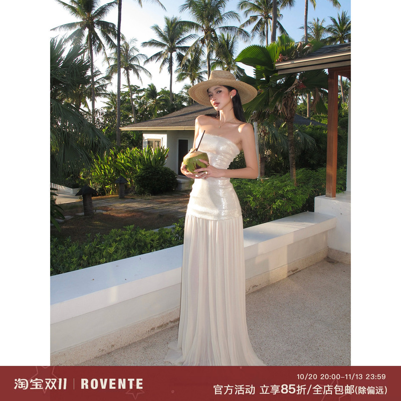Rovente Seaside Vacation Long Dress, High-End Socialite Gown, Floor-Length Mesh Dress, Strapless Sequin Dress for Women