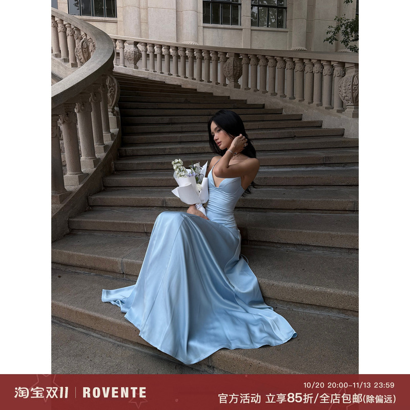 Rovente Filoli Manor Blue French-Style Spaghetti Strap Dress for Women, Summer Slim-Fit Waist-Cinching Birthday Dress, Long Dress