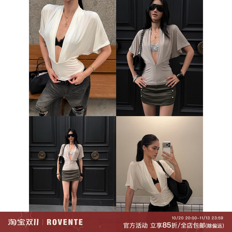Rovente Jazz Lounge Two-Tone Deep V-Neck Real Two-Piece T-Shirt for Women, Summer Lazy Style, Waist-Cinching Batwing Sleeve Top Rovente Jazz Lounge Two-Tone Deep V-Neck Real Two-Piece T-Shirt for Women, Summer Lazy Style, Waist-Cinching Batwing Sleeve Top